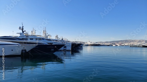 White motor yachts with navigation devices on the masts are moored in the port of Athens