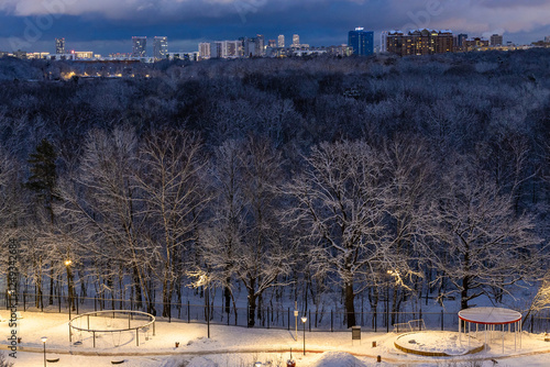 city park and apartment buildings in winter night photo