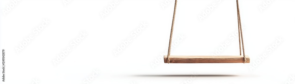 A simple wooden swing hangs from thin ropes against a white background, evoking feelings of nostalgia and childhood playfulness. A simple wooden swing hangs from thin ropes against a white background, evoking feelings of nostalgia and childhood playfulness.