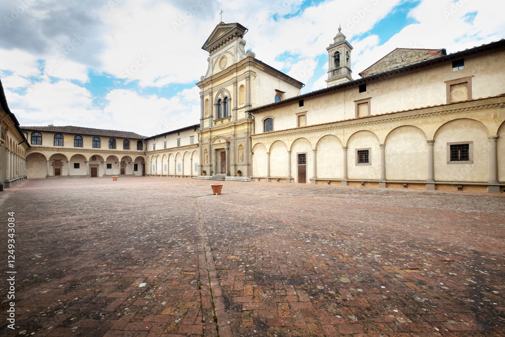 Florence, Italy - the Facade of the Church of San Lorenzo at the Florence Charterhouse Framed by Sharp Shadows Against a Blue Sky With Light Clouds Florence, Italy - the Facade of the Church of San Lorenzo at the Florence Charterhouse Framed by Sharp Shadows Against a Blue Sky With Light Clouds