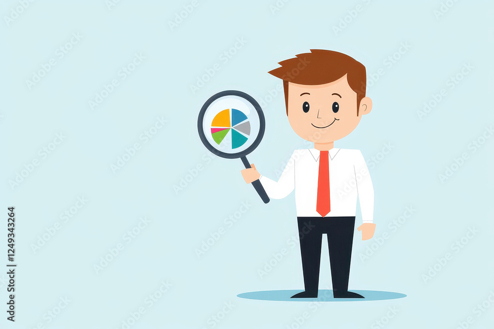Cartoon businessman holding magnifying glass with pie chart close-up Cartoon businessman holding magnifying glass with pie chart close-up