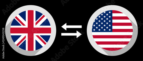 gbp to usd exchange rate concept. round icons with union jack and united states flags