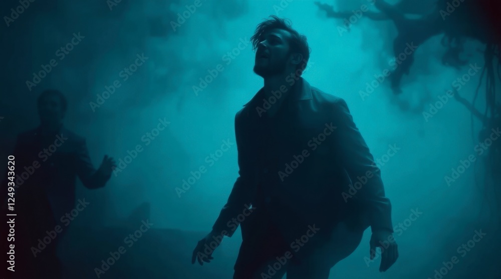 Man in Dark Coat Looking Upwards in Foggy and Misty Environment Man in Dark Coat Looking Upwards in Foggy and Misty Environment
