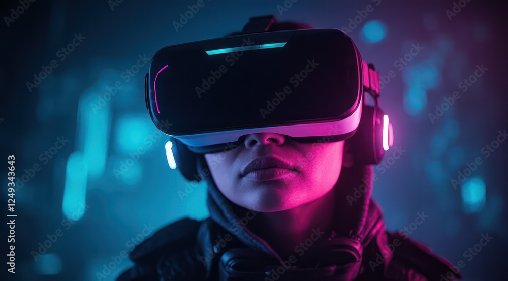 A person wearing a VR headset in a neon-lit environment. A person wearing a VR headset in a neon-lit environment.