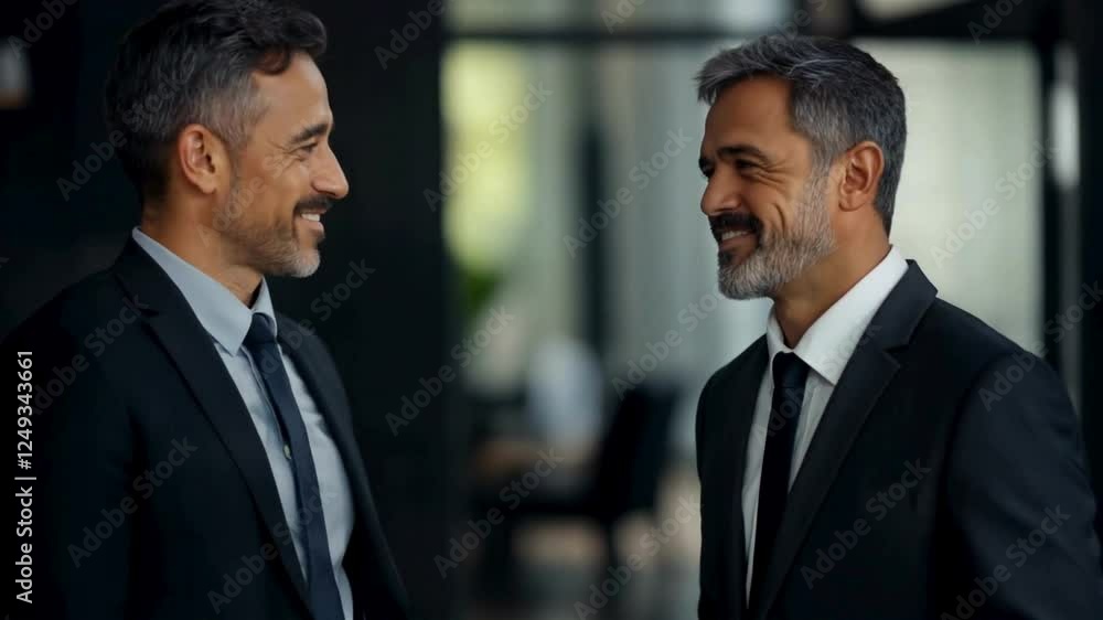 Two smiling businessmen in formal suits shaking hands in a modern office, symbolizing partnership, agreement, and professional collaboration with a confident and positive atmosphere Two smiling businessmen in formal suits shaking hands in a modern office, symbolizing partnership, agreement, and professional collaboration with a confident and positive atmosphere