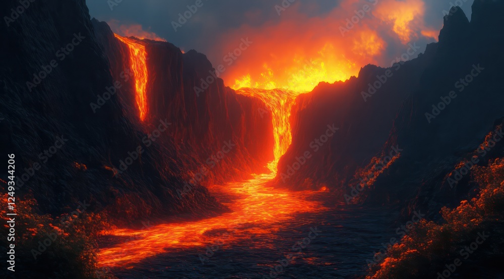 Fototapeta premium Breathtaking lava flow through mountainous terrain at sunset.