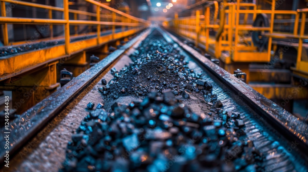 A close up view of coal piled on a conveyor belt in an industrial facility, illuminated by overhead lights, showcasing the transport process at night. A close up view of coal piled on a conveyor belt in an industrial facility, illuminated by overhead lights, showcasing the transport process at night.