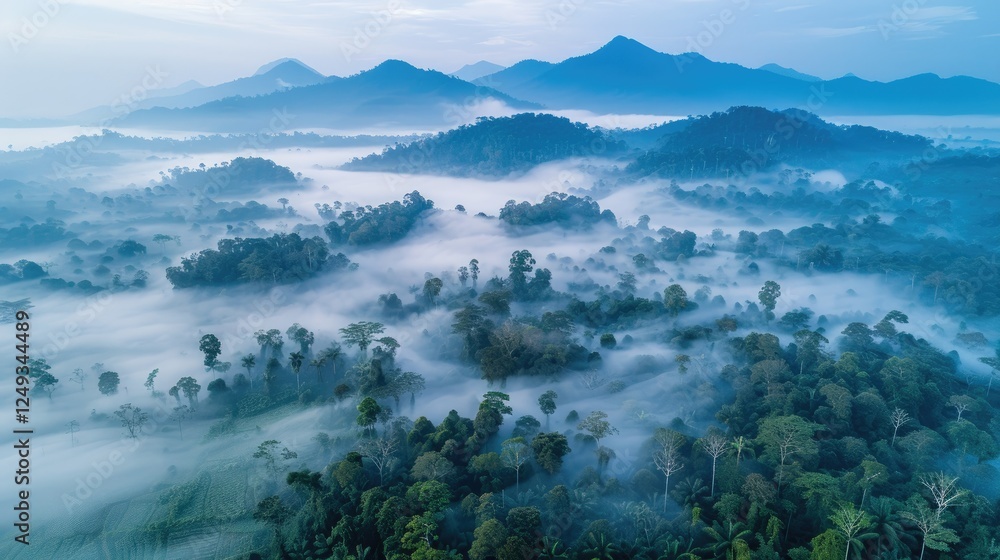 Obraz premium Misty Landscape with Lush Green Forest and Majestic Mountain Range