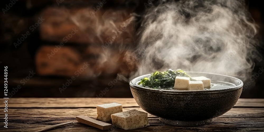A steaming bowl of soup with tofu and greens sits on a rustic wooden table, evoking warmth and comfort. A steaming bowl of soup with tofu and greens sits on a rustic wooden table, evoking warmth and comfort.