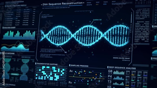 DNA Helix analysis visualization data, genome sequence ui screen, futuristic genetic engineering lab infographic interface, 3D biotechnology scan report dashboard, medical science technology backgound