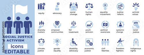 Social Justice and Activism vector icons equality, human rights, advocacy, activism, empowerment, and community impact
