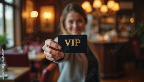 Smiling woman presenting VIP card in elegant restaurant, exclusive membership concept