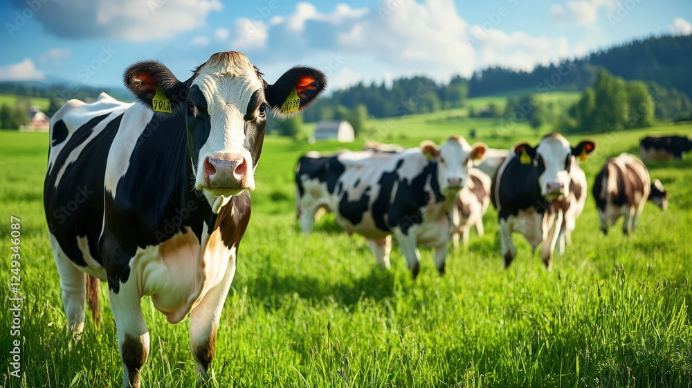 A cow is standing in a field with other cows A cow is standing in a field with other cows