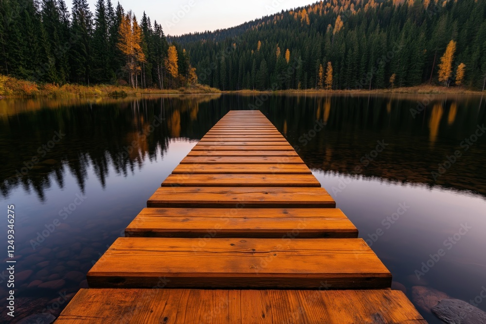 A wooden dock extending over a still lake surrounded by a vibrant autumn forest, with reflections of colorful trees on the water A wooden dock extending over a still lake surrounded by a vibrant autumn forest, with reflections of colorful trees on the water