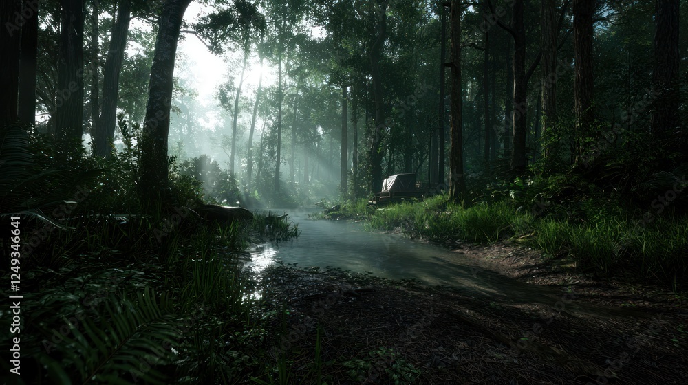 Fototapeta premium Serene forest landscape with misty river, sunlight filtering through trees, and a cabin in background