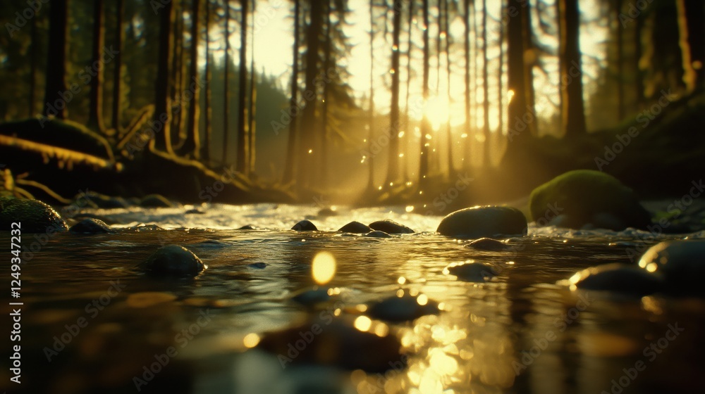 A tranquil stream flowing through a lush forest with sunlight filtering through the trees. A tranquil stream flowing through a lush forest with sunlight filtering through the trees.
