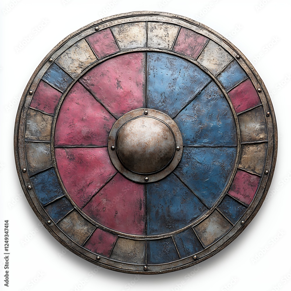 Fototapeta premium Historical Round Shield Featuring Alternating Blue and Pink Sections With a Central Boss, Representing Medieval Craftsmanship and Design