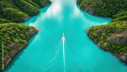 Fototapeta Naklejka Na Ścianę i Meble -  Aerial View of a Stunning Tropical Lagoon with Crystal Clear Turquoise Waters and a Small Boat