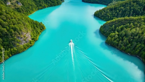 Fototapeta Naklejka Na Ścianę i Meble -  Aerial View of a Stunning Tropical Lagoon with Crystal Clear Turquoise Waters and a Small Boat