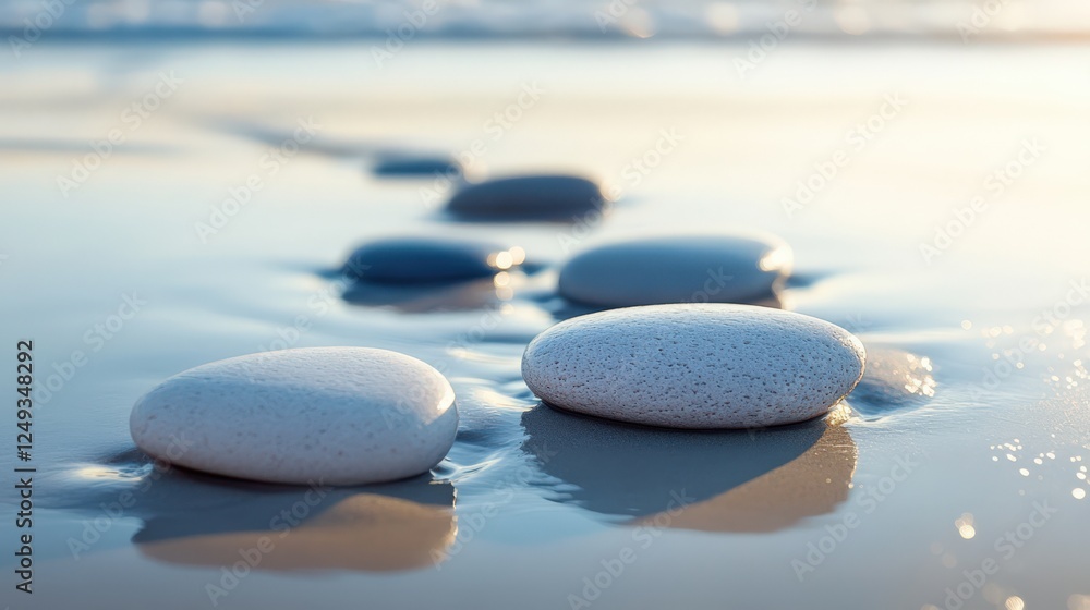 A beach scene with a row of white rocks on the sand A beach scene with a row of white rocks on the sand