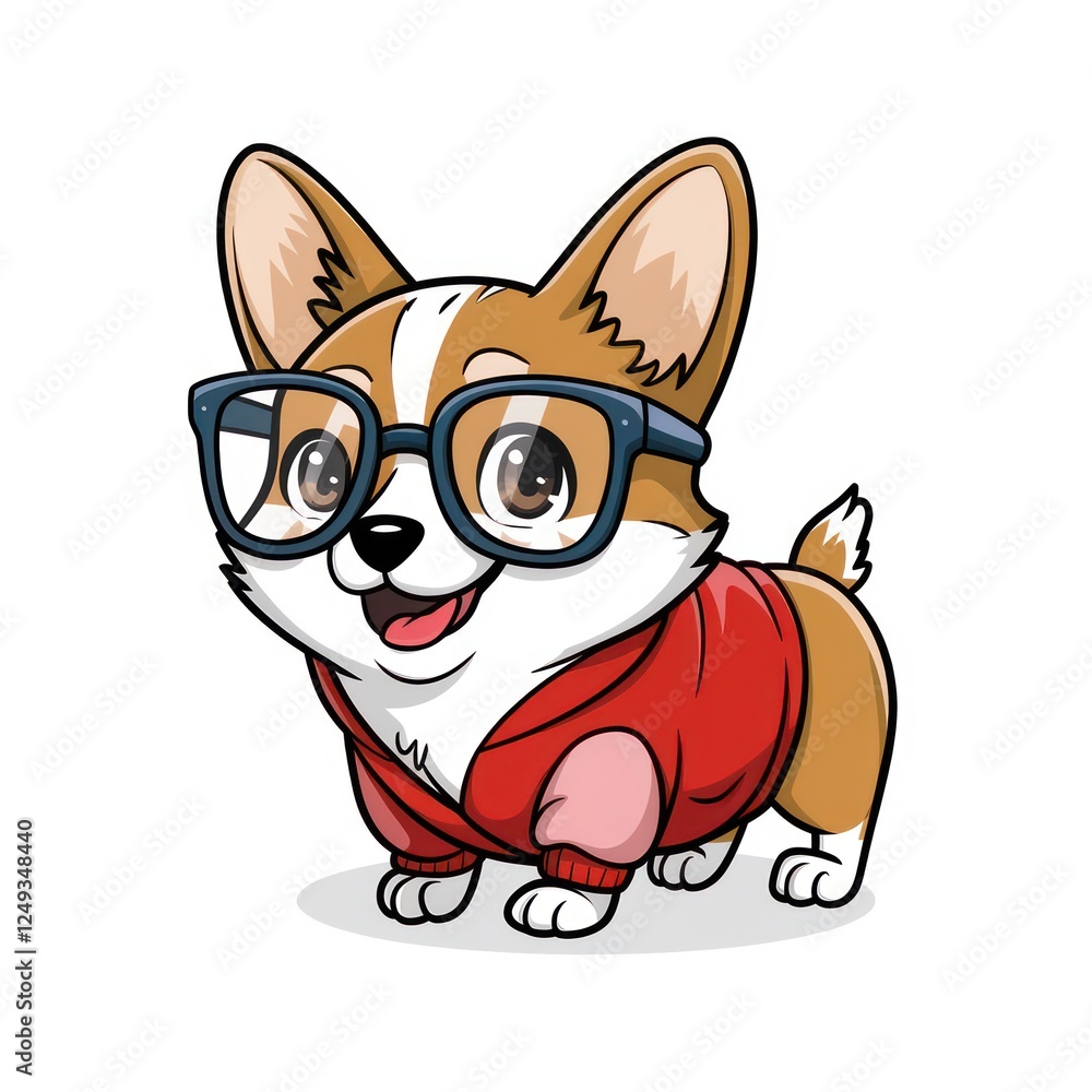 Fototapeta premium Adorable Cartoon Corgi Dog with Glasses in a Cute and Playful Pose