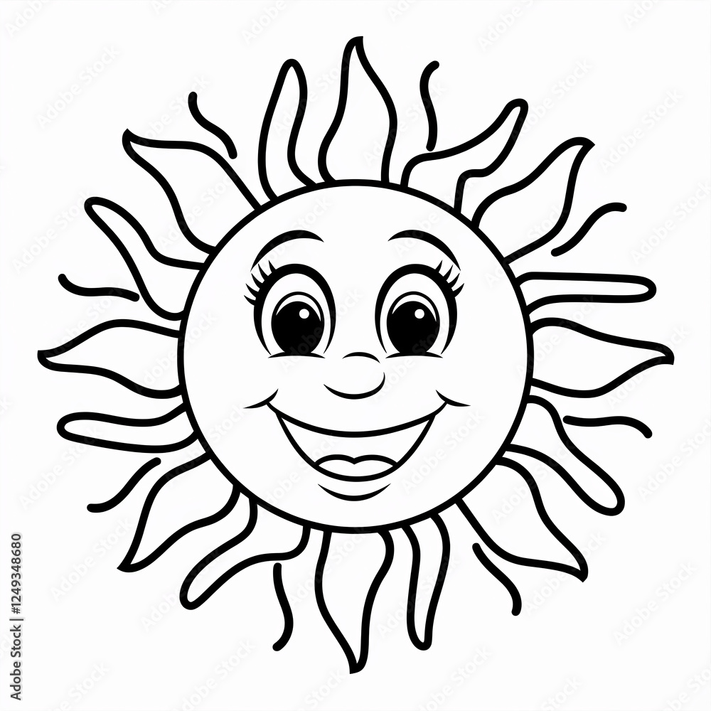 A joyful hand-drawn illustration of a smiling sun with cheerful rays, symbolizing warmth, happiness, and positive energy, ideal for concepts of sunny days, positivity, and joy. Coloring book page A joyful hand-drawn illustration of a smiling sun with cheerful rays, symbolizing warmth, happiness, and positive energy, ideal for concepts of sunny days, positivity, and joy. Coloring book page