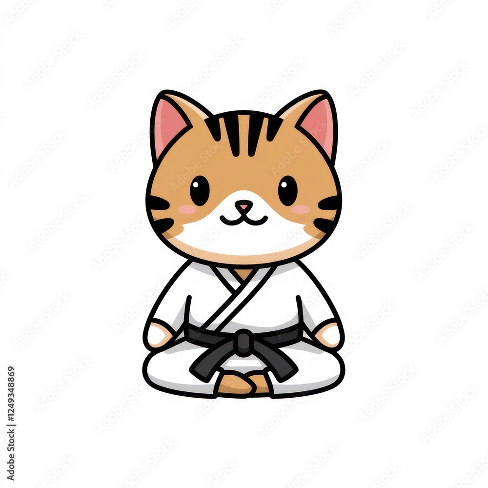 Cute Cat Cartoon in Karate Outfit with White Belt Pose Cute Cat Cartoon in Karate Outfit with White Belt Pose