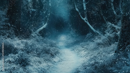 A snowy forest path with trees in the background