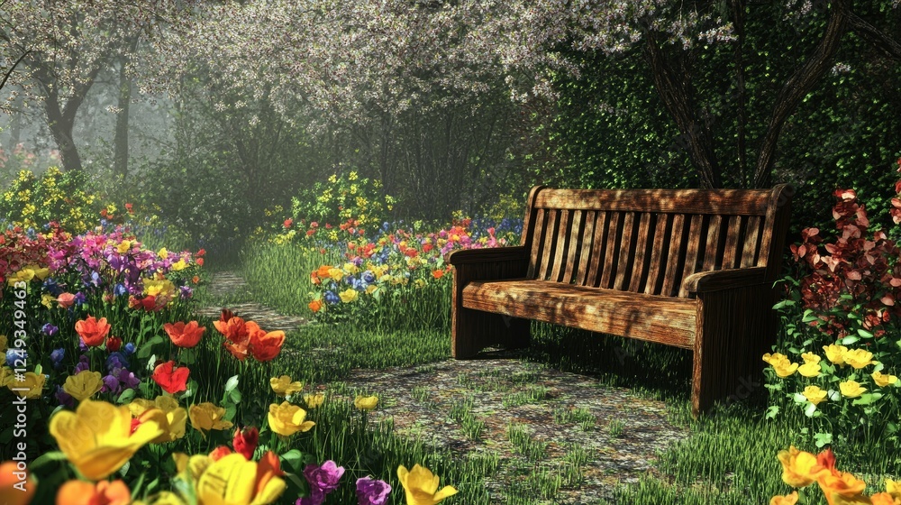Serene Garden Pathway Surrounded by Colorful Blooming Flowers Serene Garden Pathway Surrounded by Colorful Blooming Flowers