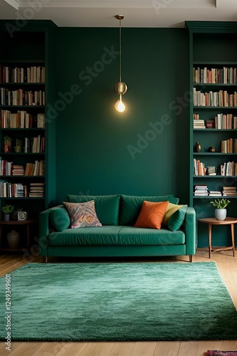 The image shows a cozy living room with dark green walls, a green velvet couch and a green rug. The room is decorated with a bookshelf full of books, a pendant lamp and a plant on the side table. photo