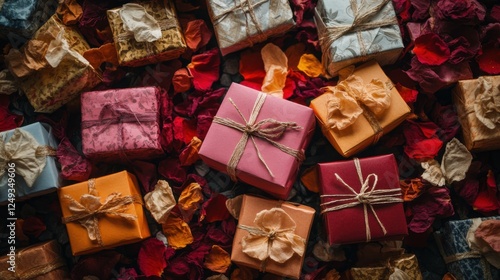 gifts wrapped in rustic style surrounded by rose petals