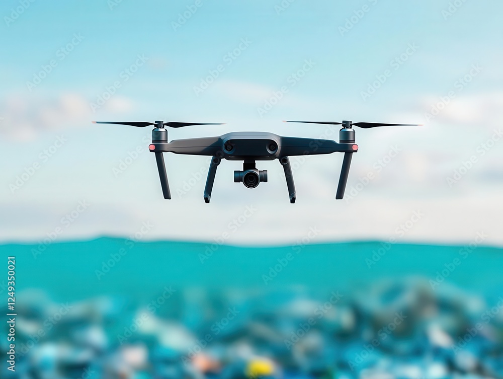 Naklejka premium Autonomous drone fleet monitoring and cleaning ocean plastic waste