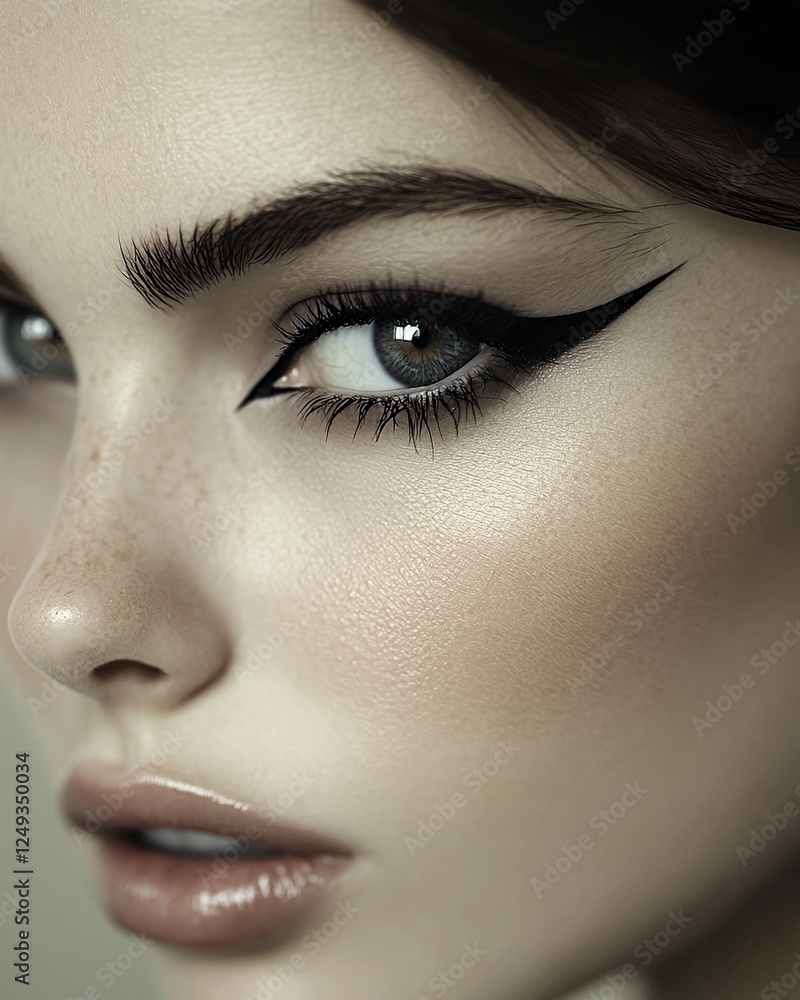 Fototapeta premium Captivating Close-Up of a Model Showcasing Dramatic Eyeliner and Flawless Skin in a Soft, Neutral Setting