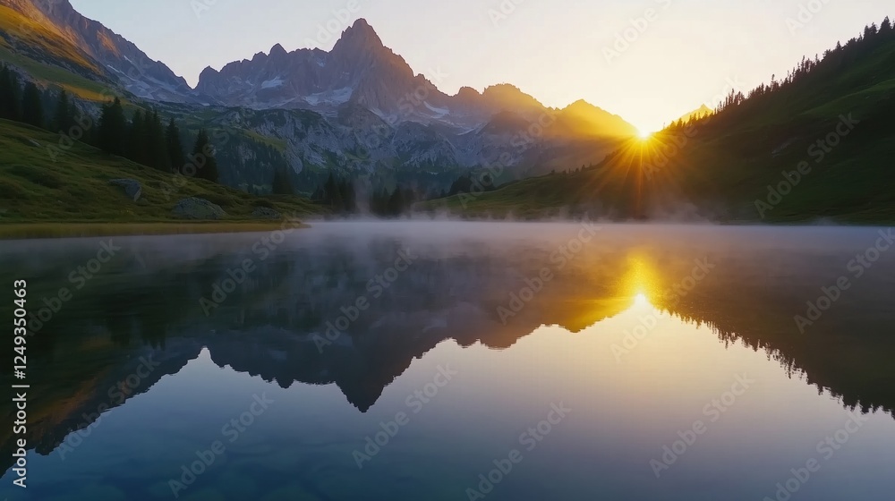 A serene sunrise reflecting on a calm mountain lake surrounded by lush greenery. A serene sunrise reflecting on a calm mountain lake surrounded by lush greenery.