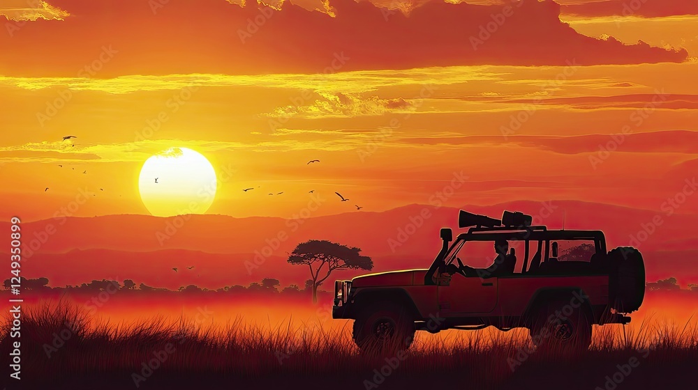 Fototapeta premium Majestic Sunset Over Landscape with Silhouetted Off-Road Vehicle