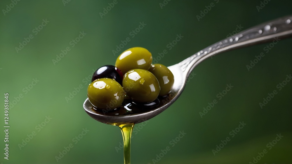 Branch of olive fruit and olives with drops of oil in spoon on blurred green background.