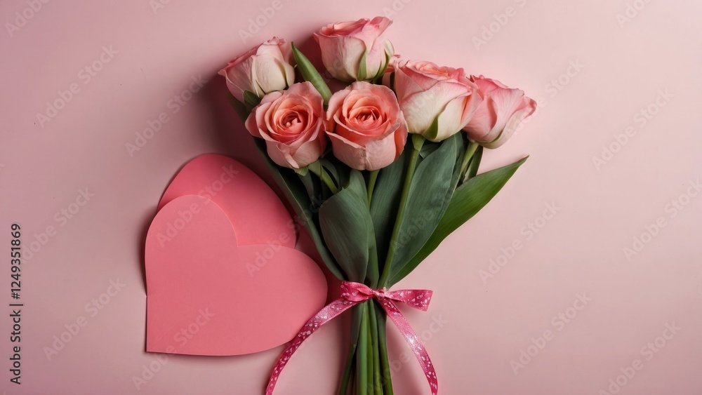 Bouquet of pink roses with a heart on a pink background