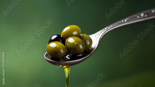 Obraz na płótnie Branch of olive fruit and olives with drops of oil in spoon on blurred green background. w salonie
