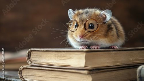 Wallpaper Mural Hamster with Glasses Sitting on Stacked Old Books in Cozy Setting Torontodigital.ca