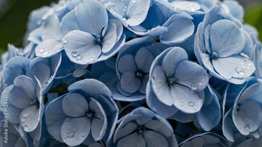 Blue hydrangea flower close-up on a light background, with greenery