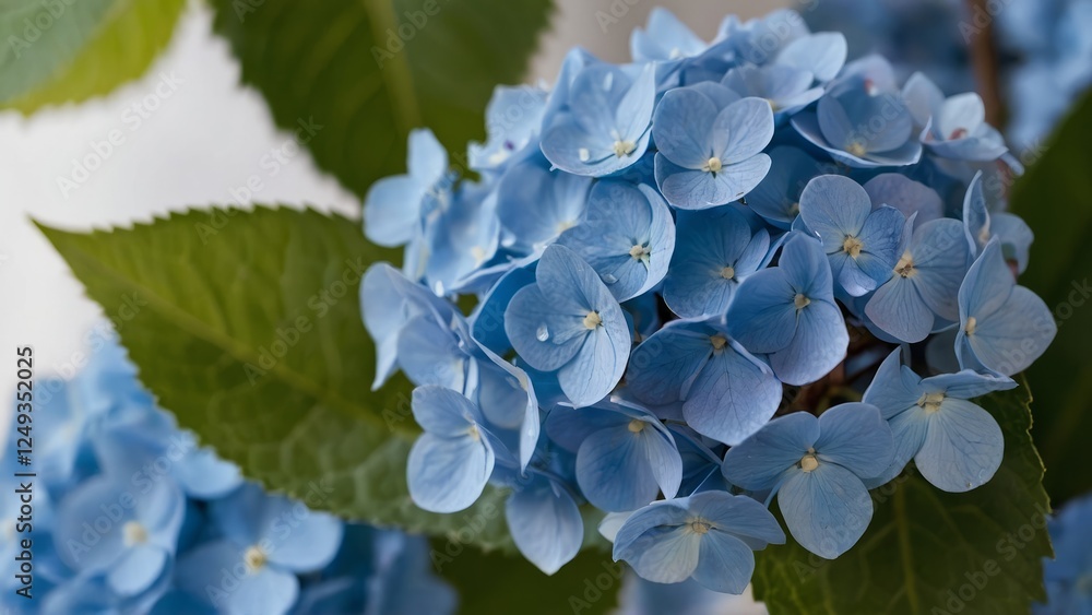 Blue hydrangea flower close-up on a light background, with greenery