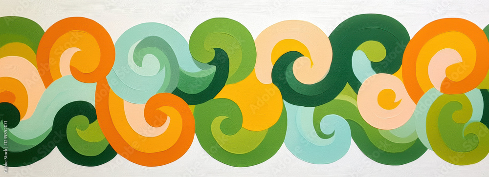 Bold colors and swirling patterns create vibrant retro wallpaper design. This artwork features mix of greens, oranges, and soft pastels Bold colors and swirling patterns create vibrant retro wallpaper design. This artwork features mix of greens, oranges, and soft pastels