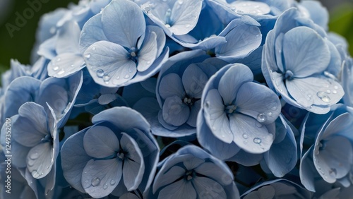 Blue hydrangea flower close-up on a light background, with greenery