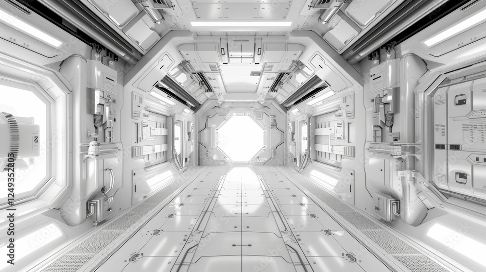 Fototapeta premium White futuristic corridor tunnel with a sleek, modern design, creating a sci-fi atmosphere perfect for technology, architecture, and futuristic concept backgrounds