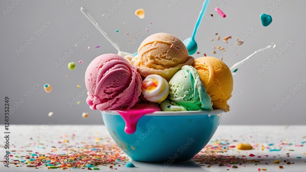 Assorted colorful Scoops of ice cream in various flavors levitating mid-air with vibrant sprinkles and playful color bursts against a white grey background