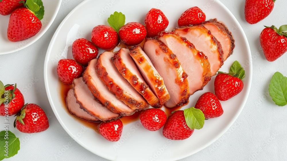 Sliced glazed ham served with strawberries and mint Sliced glazed ham served with strawberries and mint