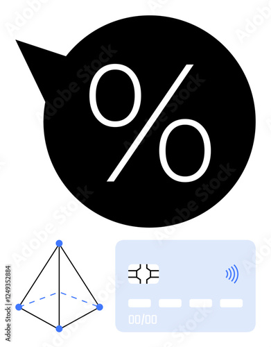 Bold percentage sign in speech bubble, geometric shape, and chip-enabled card. Ideal for finance, discounts, analytics, transactions, mathematics, innovation digital operations abstract line flat