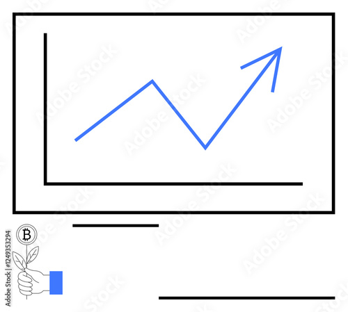 Upward arrow on a line graph symbolizing financial growth. Hand holding a Bitcoin coin with a sprouting plant. Ideal for finance, cryptocurrency, growth trends, investment strategies, sustainability photo