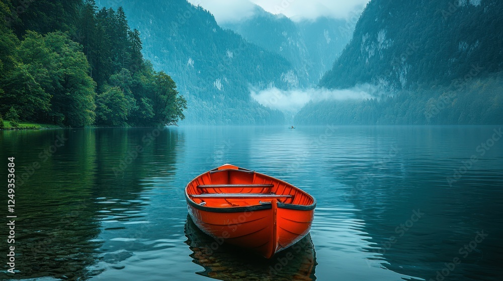 Misty mountain lake, serene red rowboat, tranquil scenery Misty mountain lake, serene red rowboat, tranquil scenery