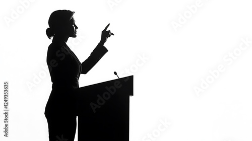 A woman in a power suit standing at a podium, raising her hand in an authoritative gesture, silhouette isolated on a white background